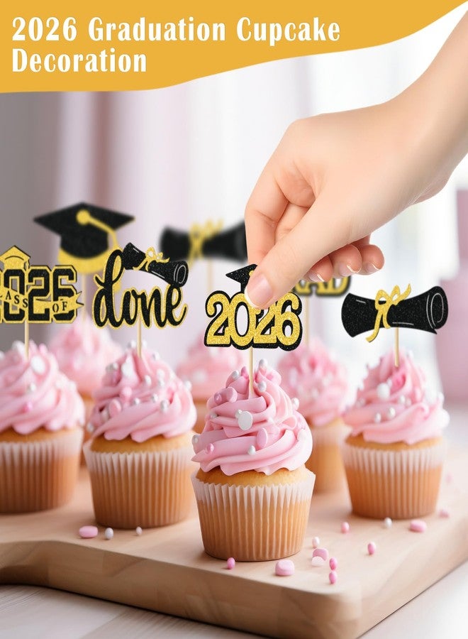 iefoah Gold Graduation Cupcake Toppers 2026, 36pcs Glitter Cupcake Toppers for Class of 2026 Party Decoration Cap Diploma Done Congrats Grad Picks for Food Dessert Graduation Party Supplies - Image 5