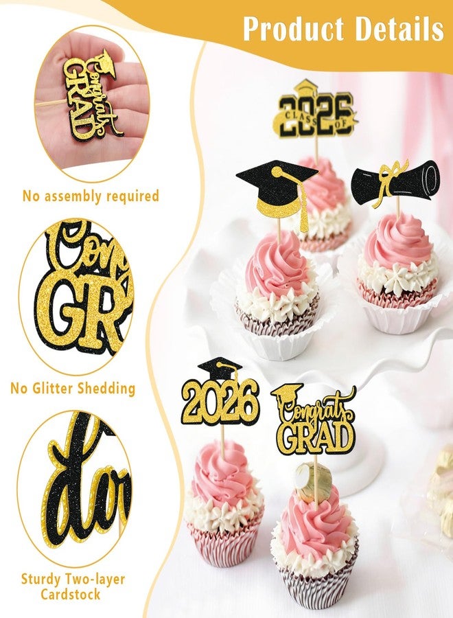 iefoah Gold Graduation Cupcake Toppers 2026, 36pcs Glitter Cupcake Toppers for Class of 2026 Party Decoration Cap Diploma Done Congrats Grad Picks for Food Dessert Graduation Party Supplies - Image 3