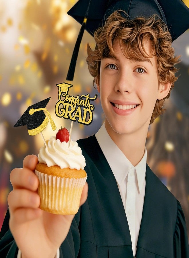 iefoah Gold Graduation Cupcake Toppers 2026, 36pcs Glitter Cupcake Toppers for Class of 2026 Party Decoration Cap Diploma Done Congrats Grad Picks for Food Dessert Graduation Party Supplies - Image 4