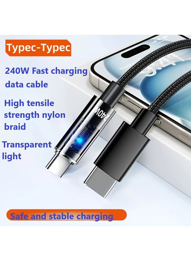 39 37 Inch 240W Fast Charging Cable Dual Type C Nylon Braided Transparent Light Up Design - Image 4