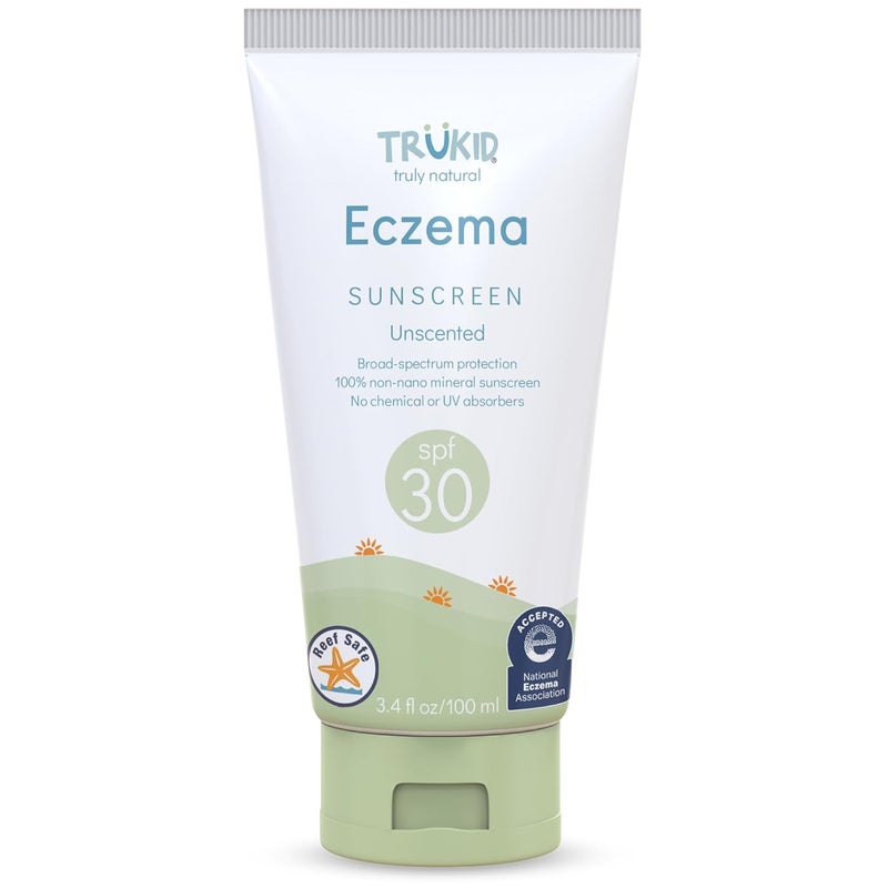 TruKid واقي شمس معدني للإكزيما SPF 30 - واقي شمس طبيعي للأطفال والرضع للوجه والجسم، حماية غير سامة من أكسيد الزنك للبشرة الحساسة، بدون رائحة، مؤهل لـ FSA، حجم السفر 3.4 أونصة - Image 1