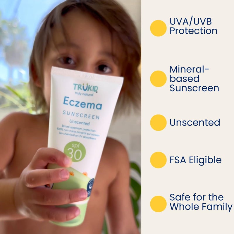 TruKid واقي شمس معدني للإكزيما SPF 30 - واقي شمس طبيعي للأطفال والرضع للوجه والجسم، حماية غير سامة من أكسيد الزنك للبشرة الحساسة، بدون رائحة، مؤهل لـ FSA، حجم السفر 3.4 أونصة - Image 2