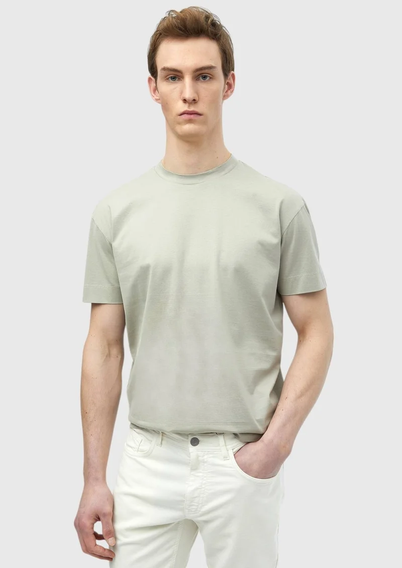 RAMSEY Beige Plain Crew Neck 100% Cotton T-Shirt