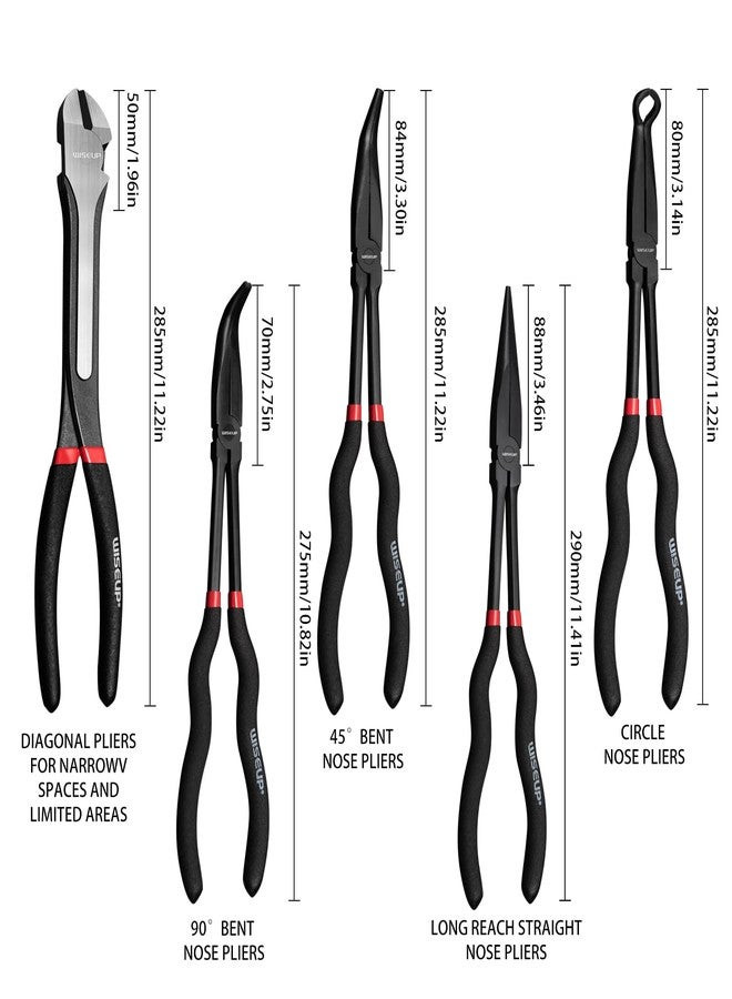 وايزأب مجموعة كماشة WISEUP ذات الأنف الإبري الطويل، 5 قطع، مصنوعة من الفولاذ الكربوني الممتاز، بطول 11 بوصة، كماشة ذات أنف منحني بزاوية 45 درجة، كماشة ذات أنف منحني بزاوية 90 درجة، كماشة قطرية للمساحات الضيقة - Image 3