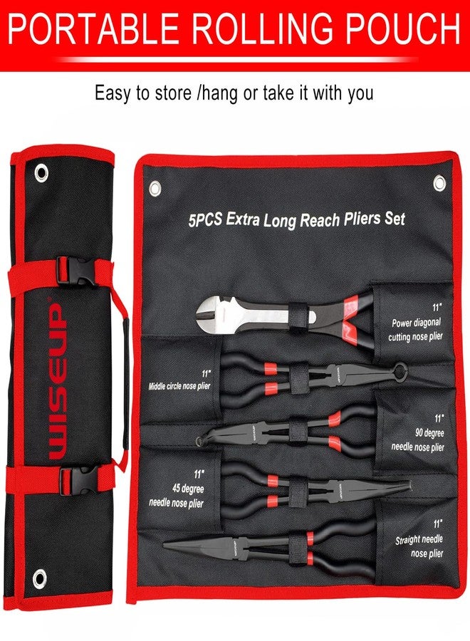 وايزأب مجموعة كماشة WISEUP ذات الأنف الإبري الطويل، 5 قطع، مصنوعة من الفولاذ الكربوني الممتاز، بطول 11 بوصة، كماشة ذات أنف منحني بزاوية 45 درجة، كماشة ذات أنف منحني بزاوية 90 درجة، كماشة قطرية للمساحات الضيقة - Image 2