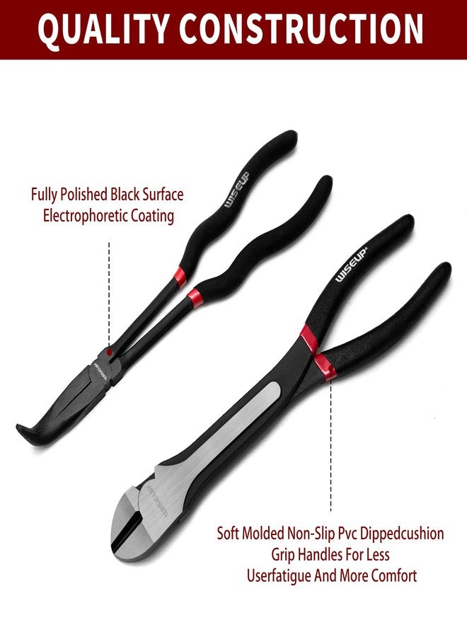 وايزأب مجموعة كماشة WISEUP ذات الأنف الإبري الطويل، 5 قطع، مصنوعة من الفولاذ الكربوني الممتاز، بطول 11 بوصة، كماشة ذات أنف منحني بزاوية 45 درجة، كماشة ذات أنف منحني بزاوية 90 درجة، كماشة قطرية للمساحات الضيقة - Image 4