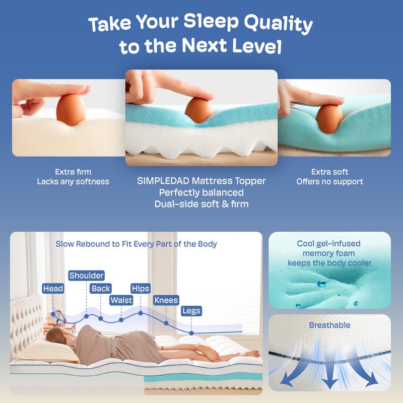 Simpledad Queen Mattress Topper, 4.5 Inch Memory Foam Mattress Topper for Back Pain & Pressure Relief - 2.5" Cooling Memory Foam Soft and Supportive + 2" Pillow Top Mattress Pad Cover, with 8-21" Deep Pocket - Image 4