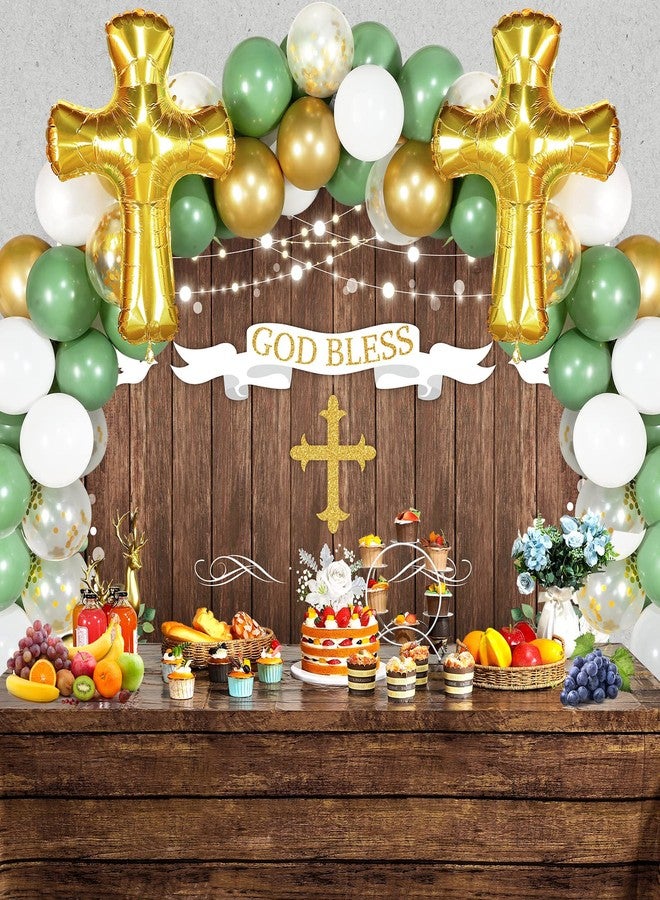 Capoda 75 Pieces First Communion Decorations Included Backdrop Tablecloth Balloons Garland Cross Balloon Rustic Wood Grain Baptism Party Christening Decor Kit Holy God Bless Mi Bautizo Set for Boys Girls - Image 1