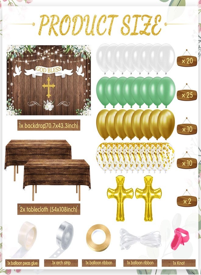 Capoda 75 Pieces First Communion Decorations Included Backdrop Tablecloth Balloons Garland Cross Balloon Rustic Wood Grain Baptism Party Christening Decor Kit Holy God Bless Mi Bautizo Set for Boys Girls - Image 2