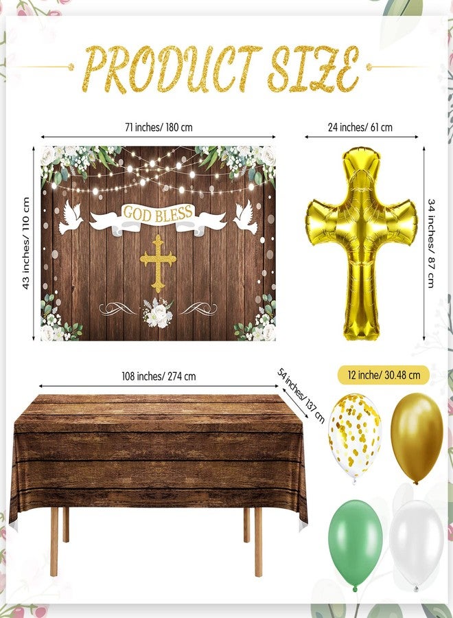 Capoda 75 Pieces First Communion Decorations Included Backdrop Tablecloth Balloons Garland Cross Balloon Rustic Wood Grain Baptism Party Christening Decor Kit Holy God Bless Mi Bautizo Set for Boys Girls - Image 3
