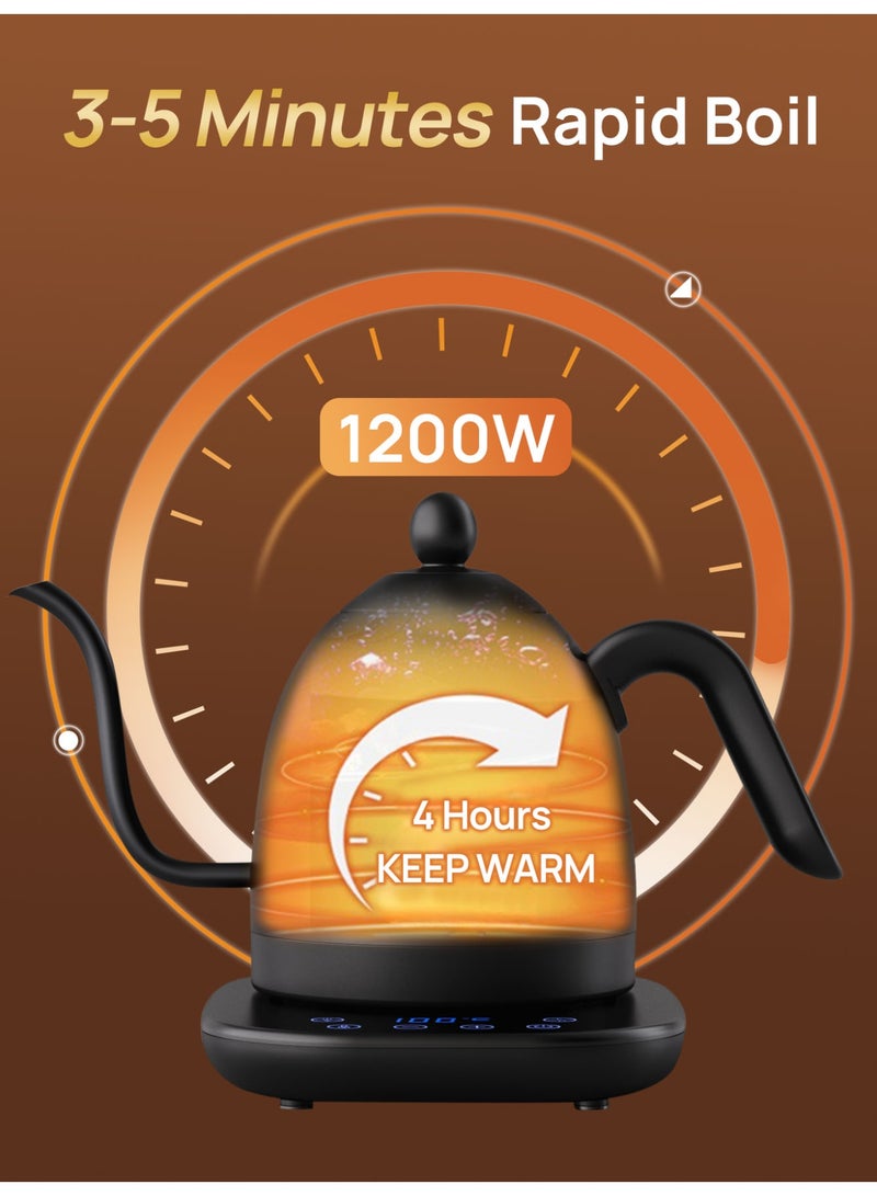 بريتيل غلاية كهربائية برقبة الإوزة، غلاية قهوة V60، بسعة 0.8 لتر وقوة 1200 واط، مع ضبط درجة الحرارة وعزل حراري، تسخين سريع، مثالية لتحضير القهوة بالتقطير في المنزل أو المكتب، باللون الأسود غير اللامع. - Image 3