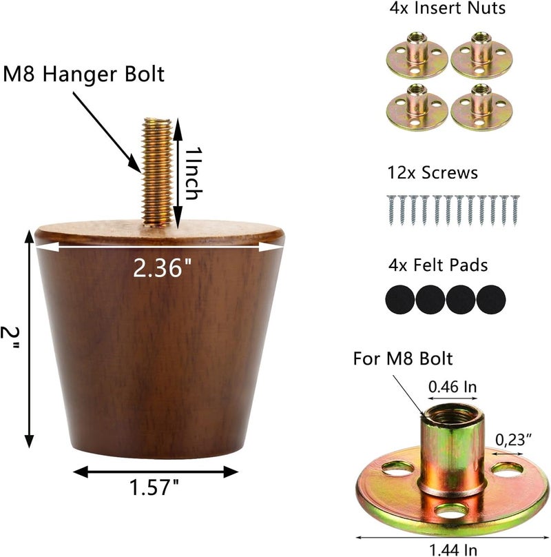 Maricome 2 Inch Furniture Feet Set of 4 Replacement Furniture Legs Predrilled M8 Bolt Short Small Wooden Legs for Chair Dresser Cabinet Ottoman Screw in - Image 5