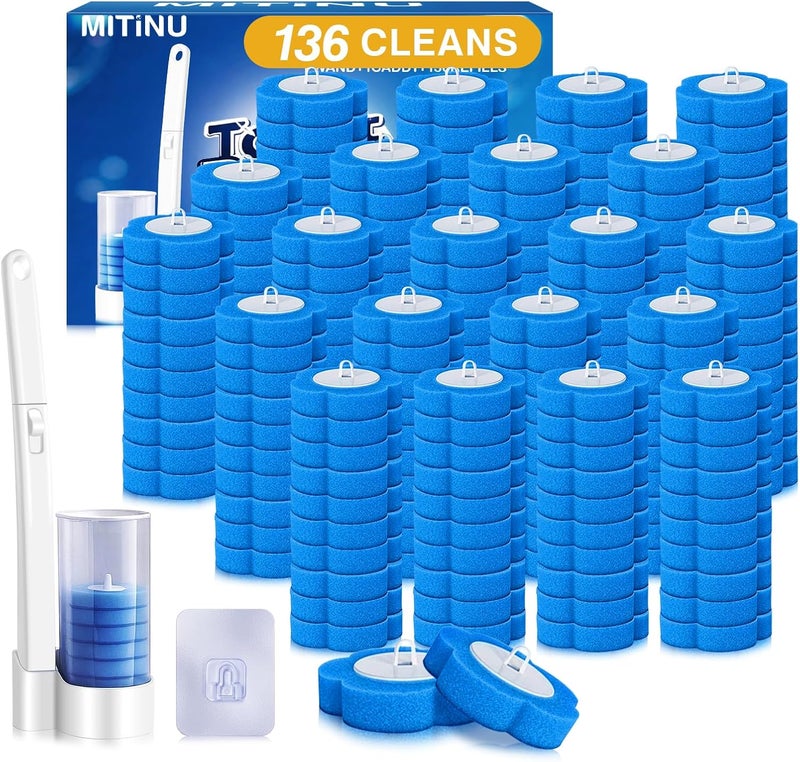 MITINU Disposable Toilet Brush with 136 Refills, Toilet Bowl Wand and Holder, White Toilet Cleaning Brush, Toilet Bowl Wand Kit Wall-Mounted, Toilet Brush Refill for Efficient and Deep Scrub Toilet - Image 1
