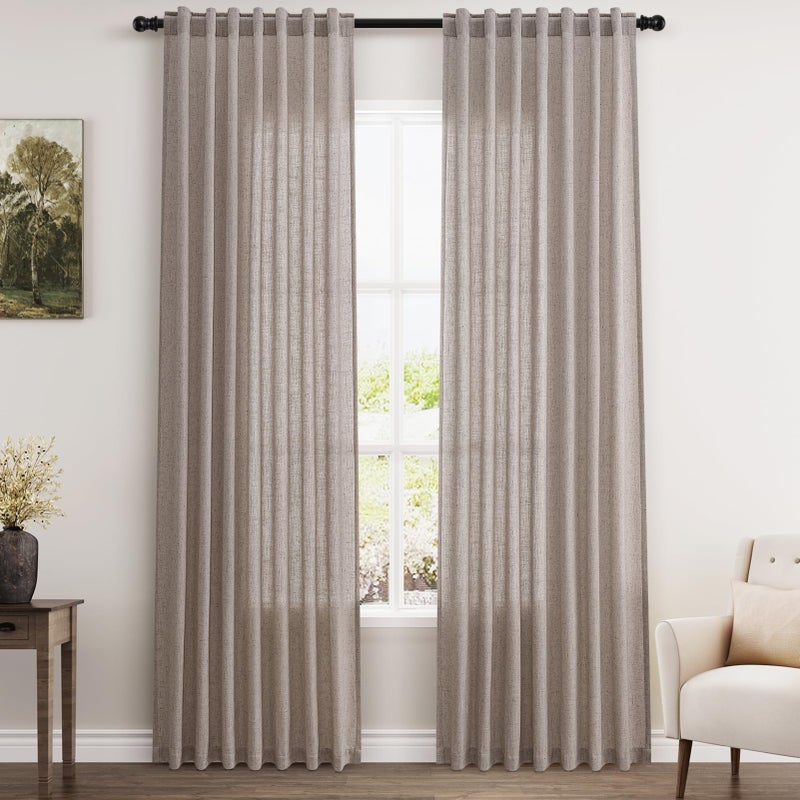 Nanspring Brownish Grey Linen Curtains 84 Inches Long for Bedroom Back Tab Light Filtering Privacy Semi Sheer Curtains Modern Farmhouse Decor Cotton Textured Curtain for Living Room 2 Panels Set 52x84 Inch - Image 1