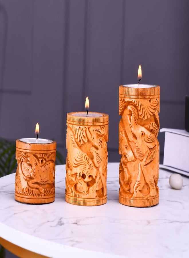 Craftam Wooden Tea Light Candle Holder Stand for Home Décor, Gifts, Diwali Décor (2,3 and 4 Inch,Set of 3) - Image 1
