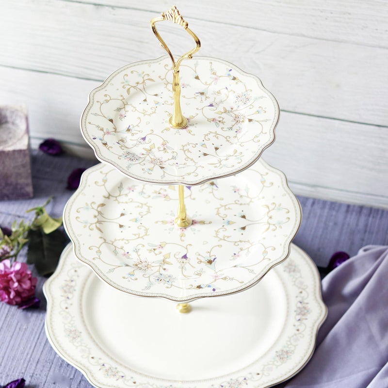 Vigneto White Pattern Three Tier Dessert Stand, Cupcake Display and Cake Stand, Detachable Serving Dessert Tower | Finest Premium Porcelain - Image 1