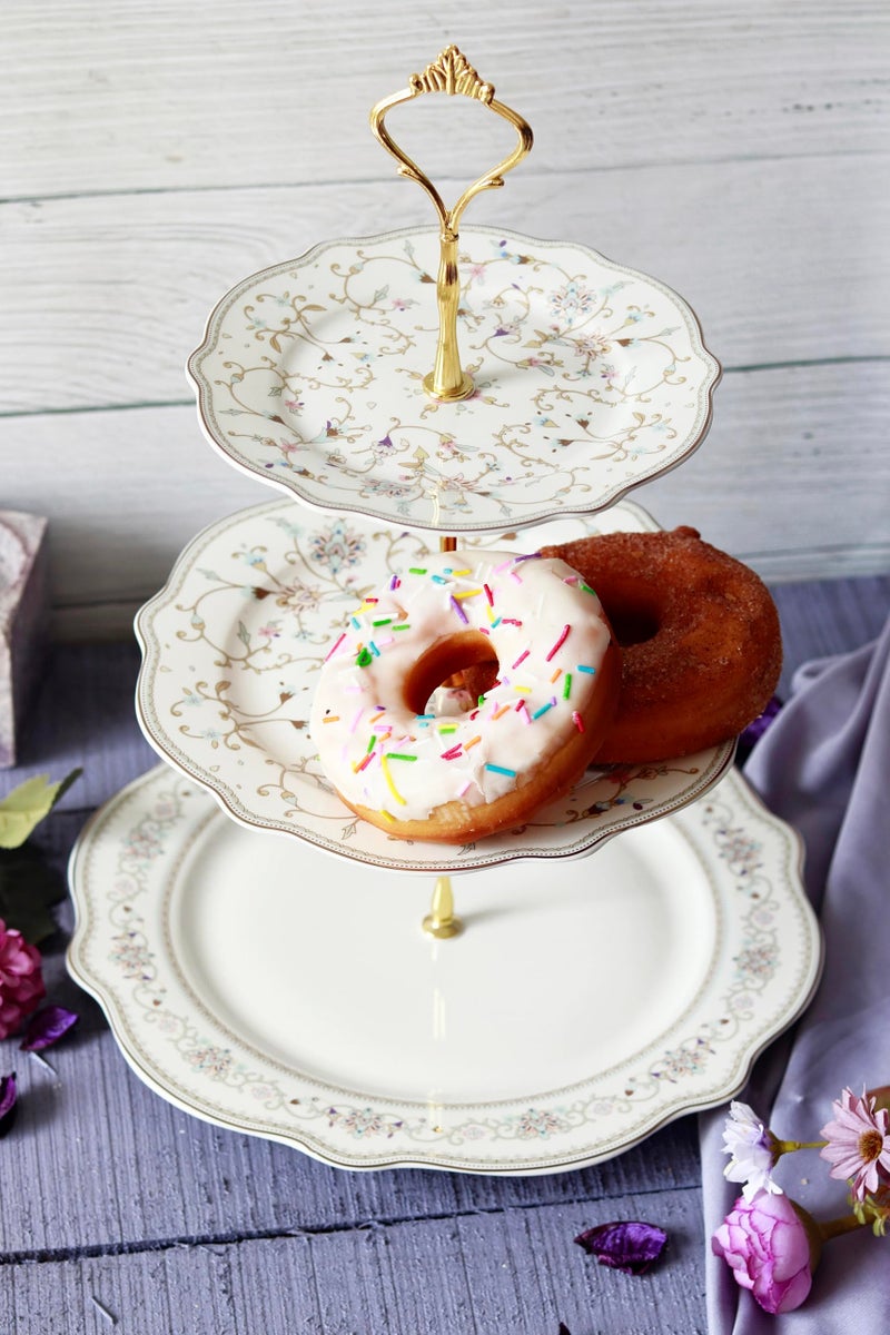Vigneto White Pattern Three Tier Dessert Stand, Cupcake Display and Cake Stand, Detachable Serving Dessert Tower | Finest Premium Porcelain - Image 2