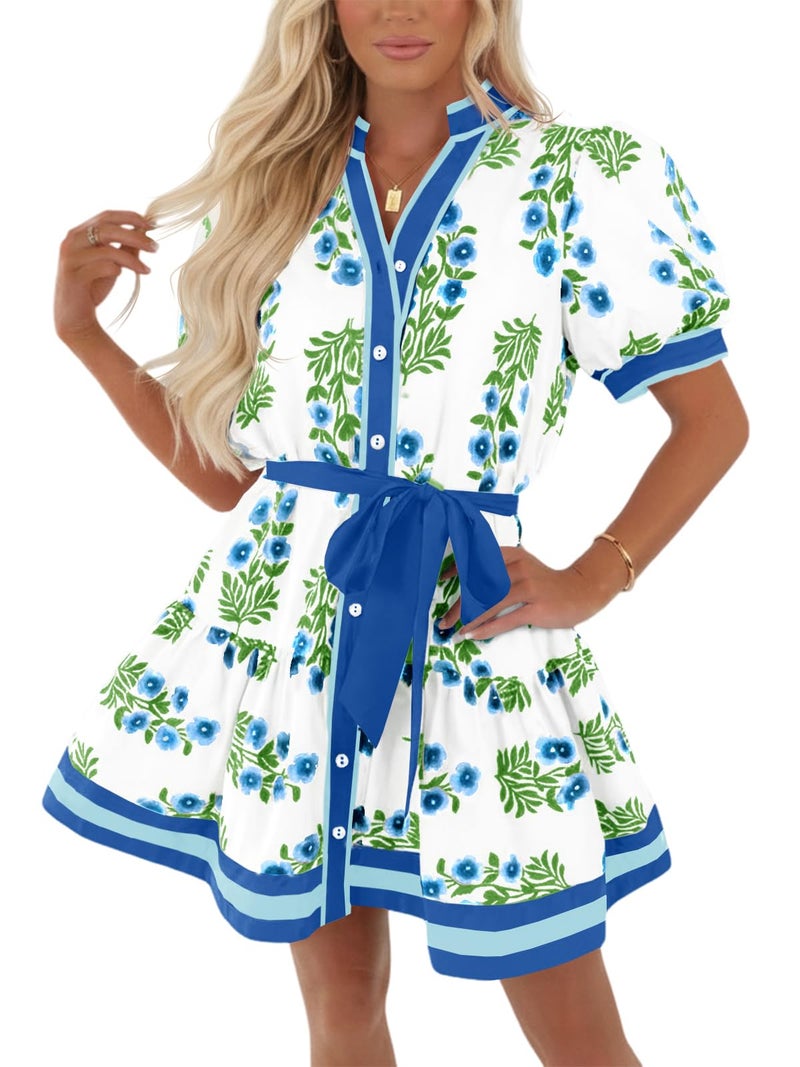 Wenrine Womens Summer Floral Mini Dress Puff Short Sleeve V Neck Button Down Casual Loose Boho Beach Dresses with Belt Blue - Image 1