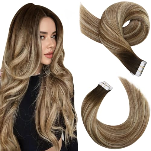 Moresoo Tape in Hair Extensions Ombre Human Hair Tape in Extensions Balayage Dark Brown to Medium Brown Mix with Blonde Human Hair Extensions Glue in Real Hair 18 Inch 46613 20pcs 50g - Image 1