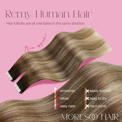 Moresoo Tape in Hair Extensions Ombre Human Hair Tape in Extensions Balayage Dark Brown to Medium Brown Mix with Blonde Human Hair Extensions Glue in Real Hair 18 Inch 46613 20pcs 50g - Image 3