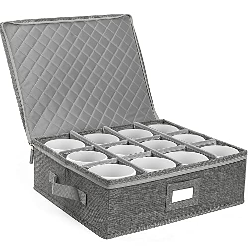 LotFancy Cup and Mug Storage Container Hard Shell China Coffee Mug Storage Box for Moving with Dividers  Handles Holds 12 Tea Cups Grey