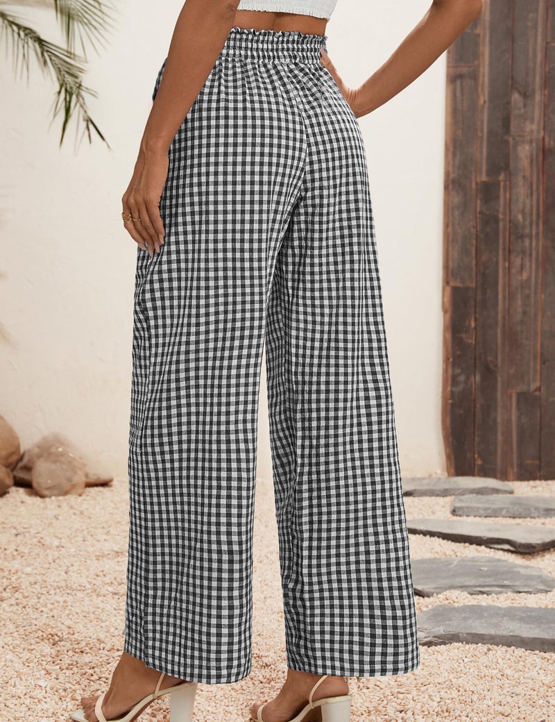 Rapbin Palazzo Pants for Women Wide Leg Pants Fall Flowy Elastic High Waist Casual Lounge Trousers (Black White Plaid, L) - Image 2
