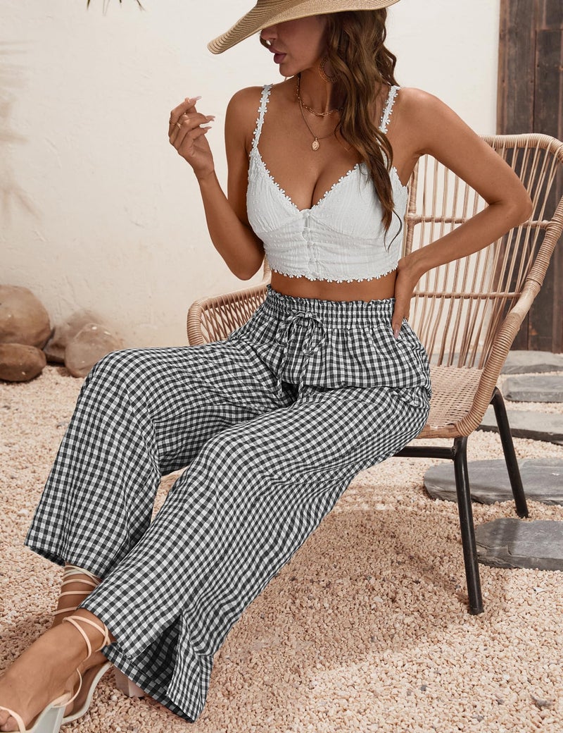 Rapbin Palazzo Pants for Women Wide Leg Pants Fall Flowy Elastic High Waist Casual Lounge Trousers (Black White Plaid, L) - Image 5