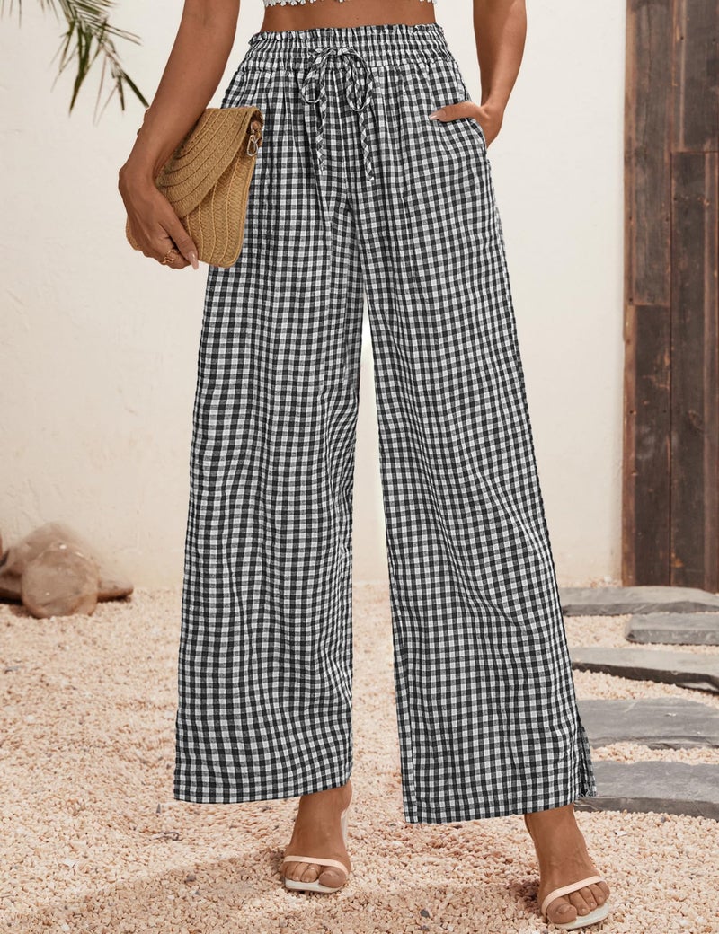 Rapbin Palazzo Pants for Women Wide Leg Pants Fall Flowy Elastic High Waist Casual Lounge Trousers (Black White Plaid, L) - Image 4