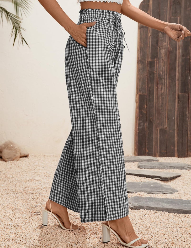 Rapbin Palazzo Pants for Women Wide Leg Pants Fall Flowy Elastic High Waist Casual Lounge Trousers (Black White Plaid, L) - Image 3
