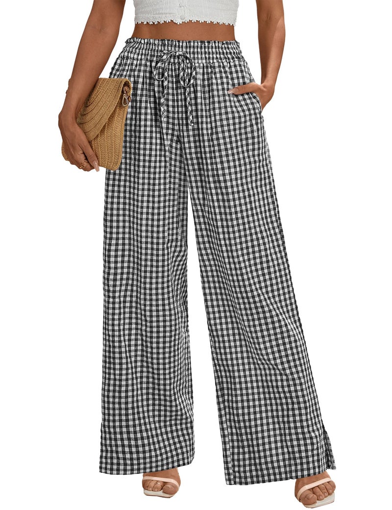 Rapbin Palazzo Pants for Women Wide Leg Pants Fall Flowy Elastic High Waist Casual Lounge Trousers (Black White Plaid, L) - Image 1