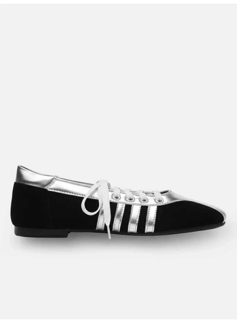 ZORIWORLD Thunder Casual Women's Black & Silver Colourblocked Lace-Up Ballerina Flats