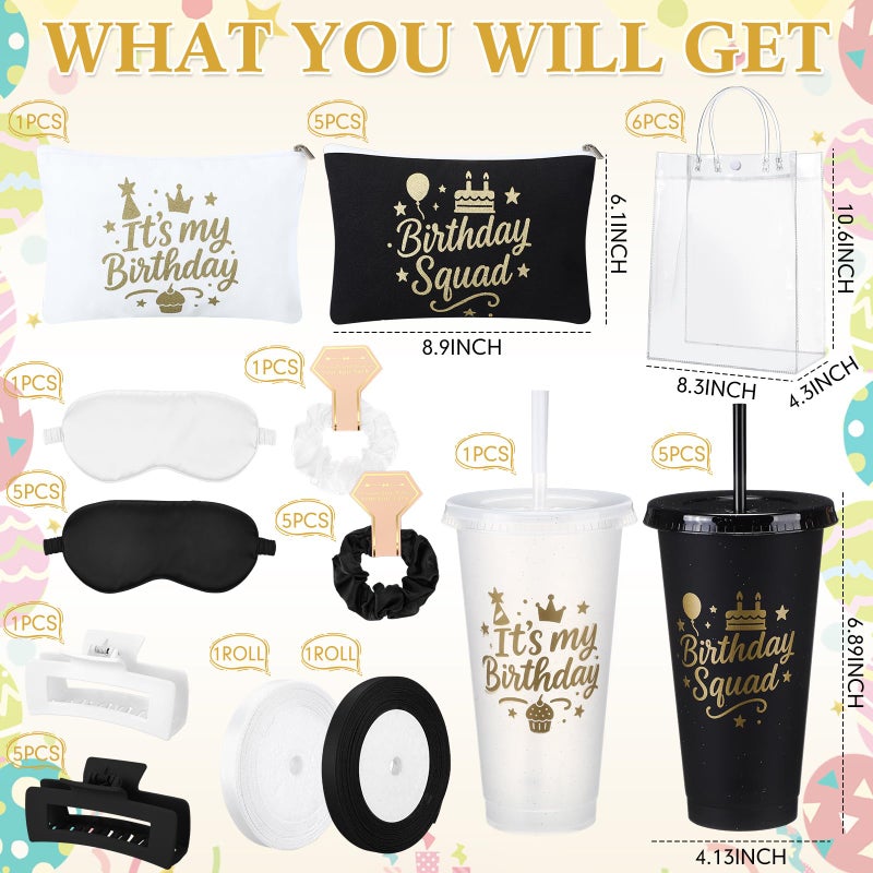 Ferrochef 6 Sets Birthday Squad Party Favors for Women Birthday Squad Cups Tumblers with Lids Straws Makeup Bags Satin Eye Masks Hair Clips Hair Scrunchies for Spa Sleepover Accessories(Black White) - Image 2