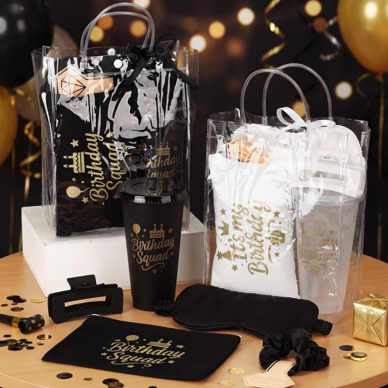 Ferrochef 6 Sets Birthday Squad Party Favors for Women Birthday Squad Cups Tumblers with Lids Straws Makeup Bags Satin Eye Masks Hair Clips Hair Scrunchies for Spa Sleepover Accessories(Black White) - Image 3
