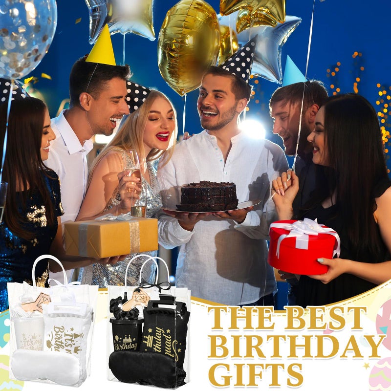 Ferrochef 6 Sets Birthday Squad Party Favors for Women Birthday Squad Cups Tumblers with Lids Straws Makeup Bags Satin Eye Masks Hair Clips Hair Scrunchies for Spa Sleepover Accessories(Black White) - Image 4