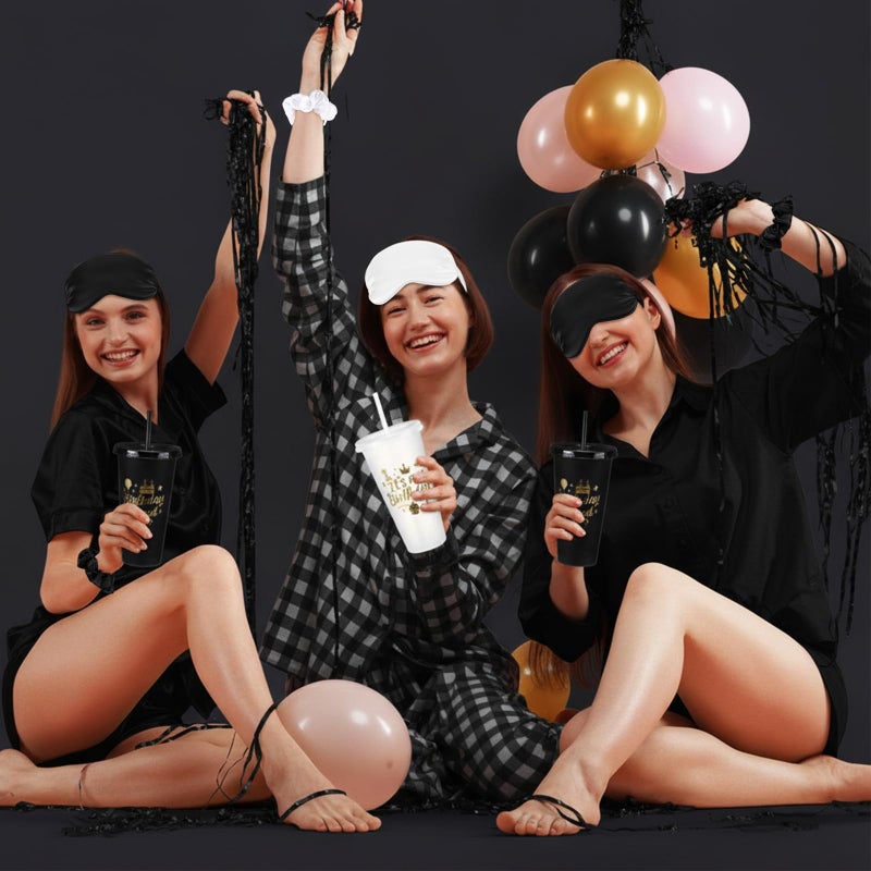 Ferrochef 6 Sets Birthday Squad Party Favors for Women Birthday Squad Cups Tumblers with Lids Straws Makeup Bags Satin Eye Masks Hair Clips Hair Scrunchies for Spa Sleepover Accessories(Black White) - Image 5