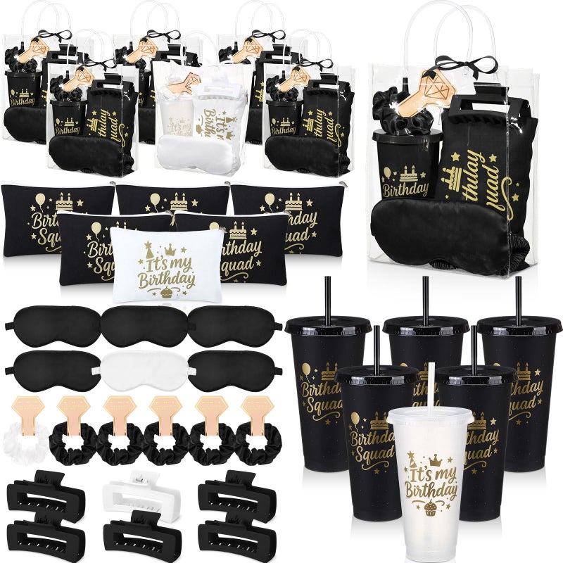 Ferrochef 6 Sets Birthday Squad Party Favors for Women Birthday Squad Cups Tumblers with Lids Straws Makeup Bags Satin Eye Masks Hair Clips Hair Scrunchies for Spa Sleepover Accessories(Black White) - Image 1
