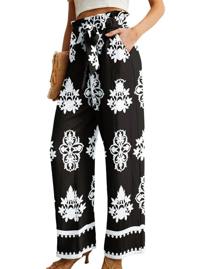IWOLLENCE Women's Wide Leg Pants with Pockets High Waist Adjustable Knot Loose Casual Trousers Business Work Casual Pants, 44 Black Baroque, L - Image 2