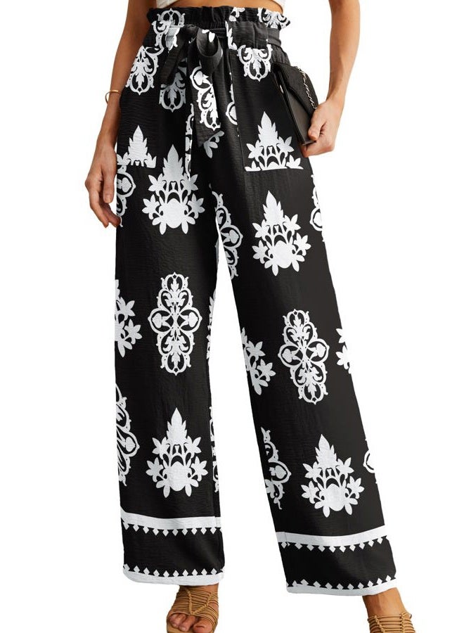 IWOLLENCE Women's Wide Leg Pants with Pockets High Waist Adjustable Knot Loose Casual Trousers Business Work Casual Pants, 44 Black Baroque, L - Image 1