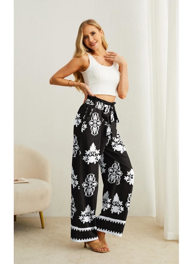 IWOLLENCE Women's Wide Leg Pants with Pockets High Waist Adjustable Knot Loose Casual Trousers Business Work Casual Pants, 44 Black Baroque, L - Image 5