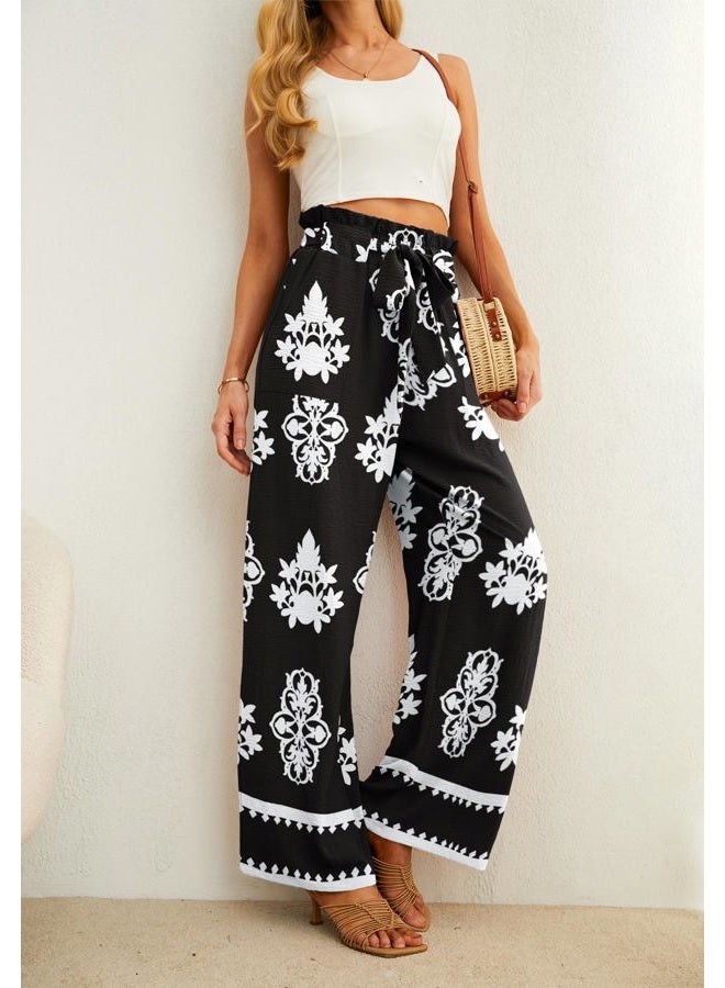 IWOLLENCE Women's Wide Leg Pants with Pockets High Waist Adjustable Knot Loose Casual Trousers Business Work Casual Pants, 44 Black Baroque, L - Image 3
