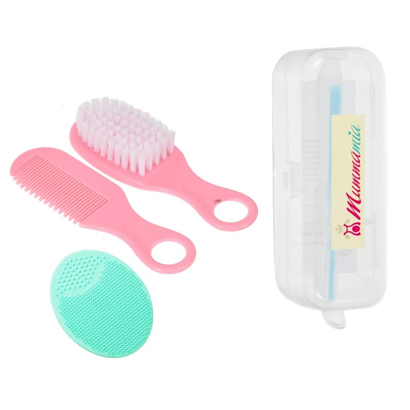 MUMMAMIA Baby Comb & Hair-Brush with Soft Silicone Cradle Cap Brush - Comes in a Travel Case (Pink) - Image 1