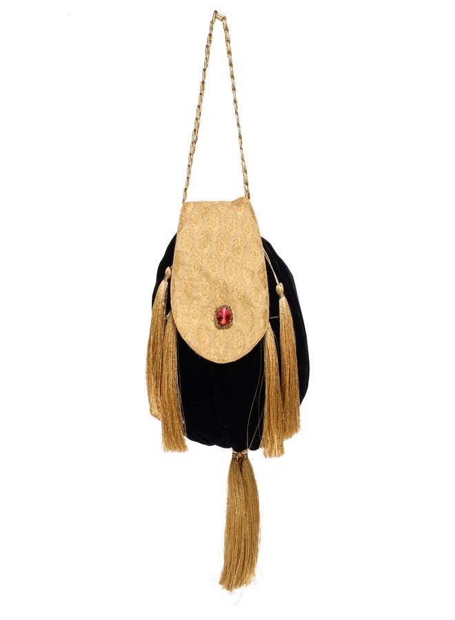 ATHZ Ethnic Handbags for Women brocade silk with golden Tassel nad Chain Velvet potli bags Handcrafted Purse Bag (Golden,Black) - Image 2