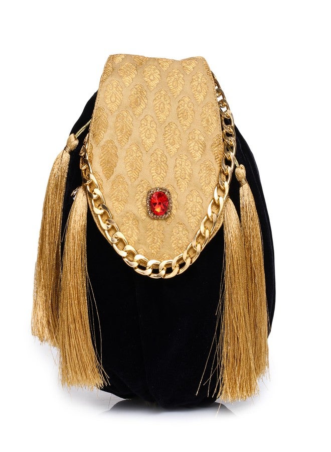 ATHZ Ethnic Handbags for Women brocade silk with golden Tassel nad Chain Velvet potli bags Handcrafted Purse Bag (Golden,Black) - Image 1