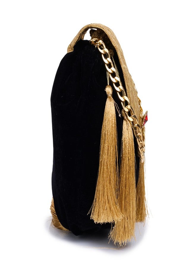 ATHZ Ethnic Handbags for Women brocade silk with golden Tassel nad Chain Velvet potli bags Handcrafted Purse Bag (Golden,Black) - Image 5