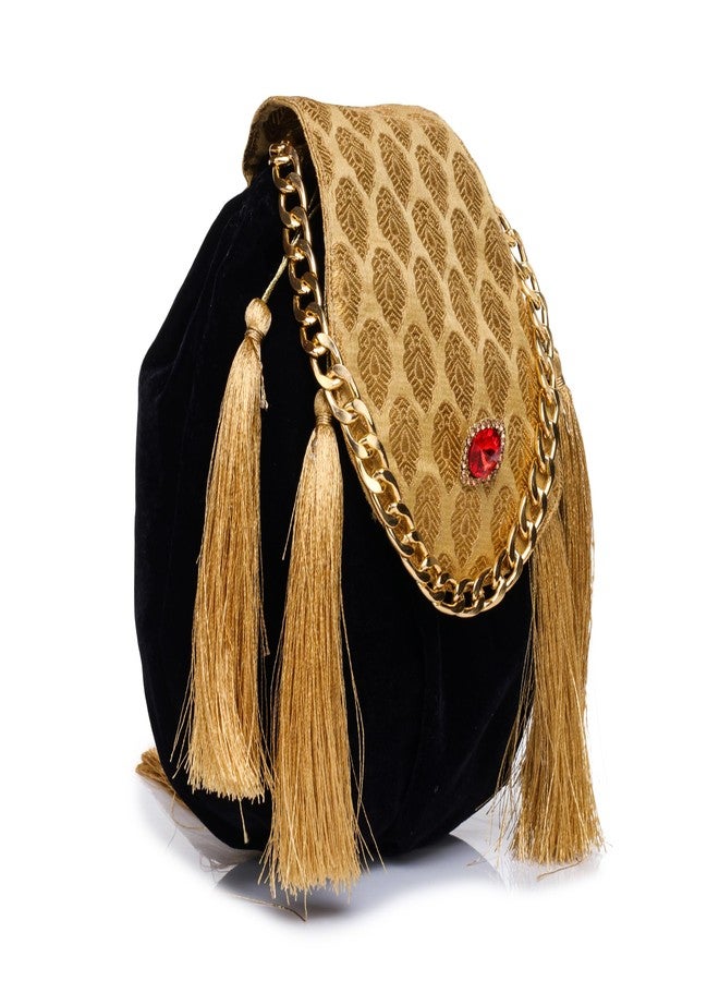 ATHZ Ethnic Handbags for Women brocade silk with golden Tassel nad Chain Velvet potli bags Handcrafted Purse Bag (Golden,Black) - Image 4