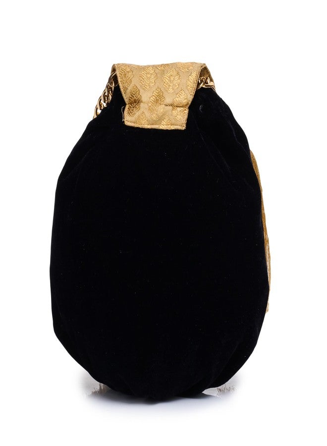 ATHZ Ethnic Handbags for Women brocade silk with golden Tassel nad Chain Velvet potli bags Handcrafted Purse Bag (Golden,Black) - Image 3