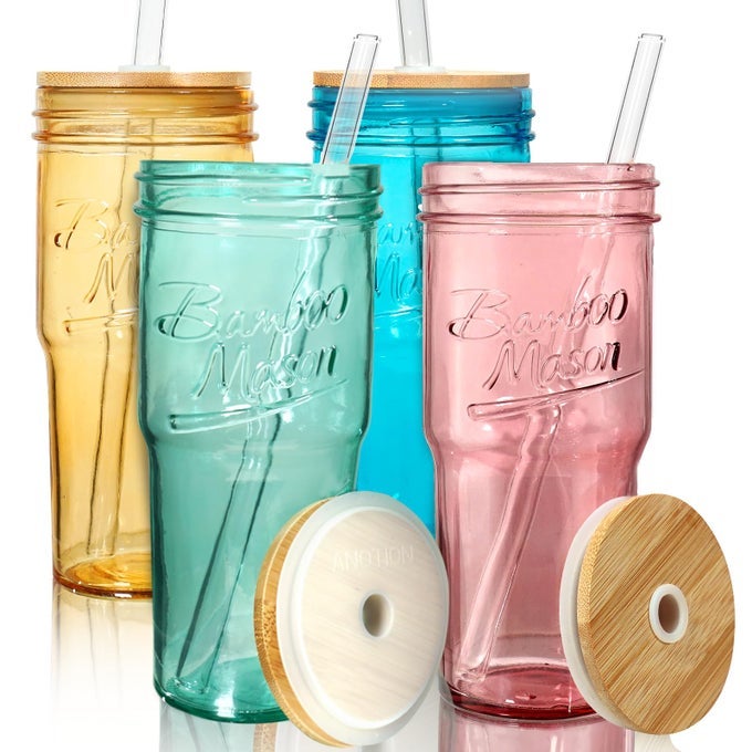 COLORED GLASS CUPS WITH LIDS AND STRAWS 24OZ TRAVEL COFFEE MUG WIDE MOUTH MASON JAR ICED COFFEE CUP SMOOTHIE CUP GLASS TUMBLER TEA CUP CLEAR CUTE WATER CUPS COLORFUL DRINKING GLASSES