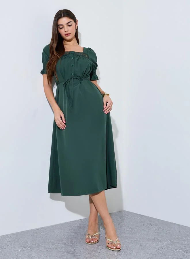 ستايلي Dark Green Square Neck A-Line Midi Dress