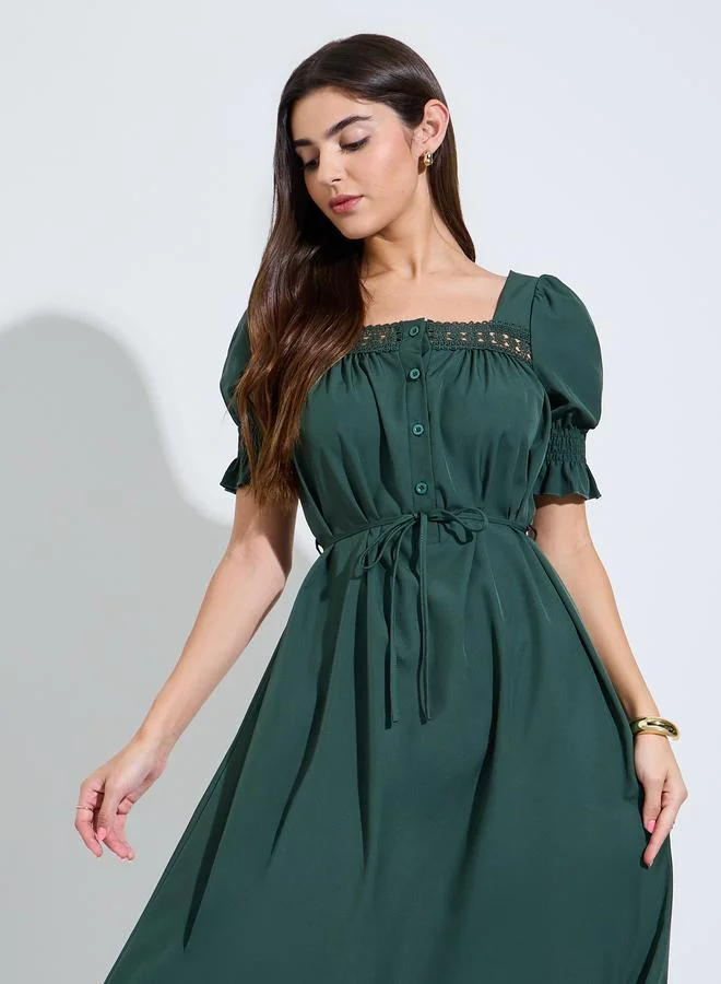 ستايلي Dark Green Square Neck A-Line Midi Dress