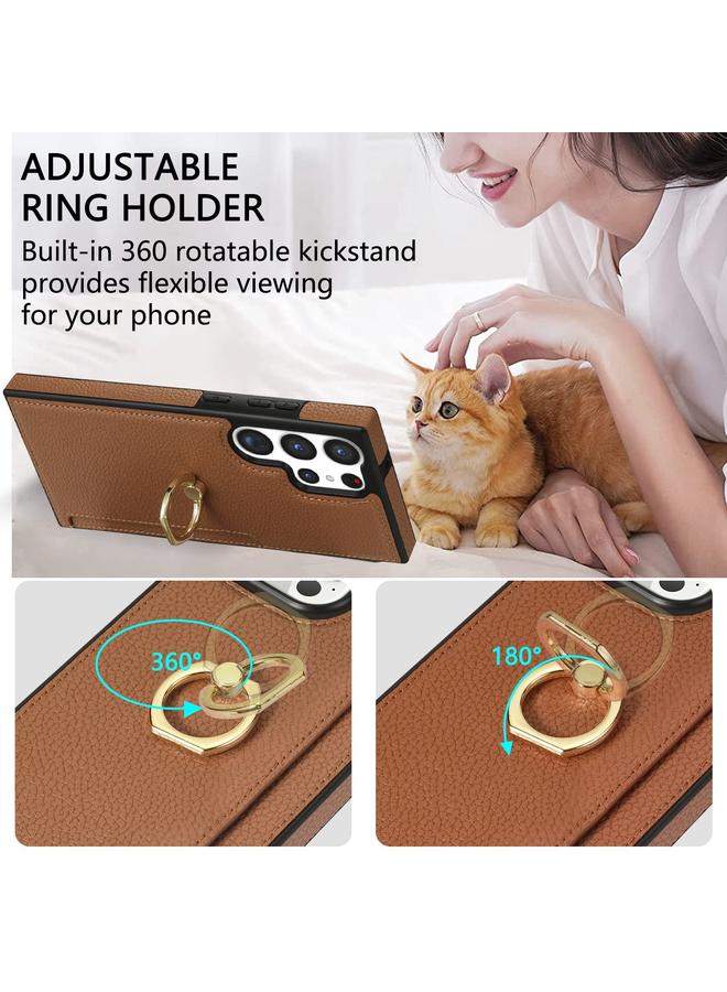 S-TOP Case For Samsung Galaxy S22 Ultra 5G Ring Card Litchi Leather Back Phone Case - Image 4